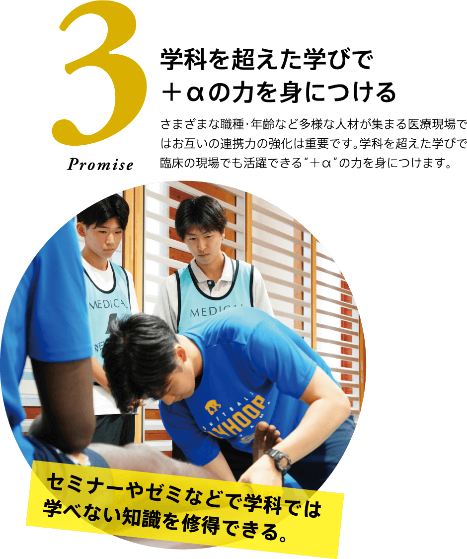 3 Promise セミナーやゼミなどで学科では学べない知識を修得できる。 学科を超えた学びで＋αの力を身につける さまざまな職種・年齢など多様な人材が集まる医療現場ではお互いの連携力の強化は重要です。学科を超えた学びで臨床の現場でも活躍できる“＋α”の力を身につけます。
