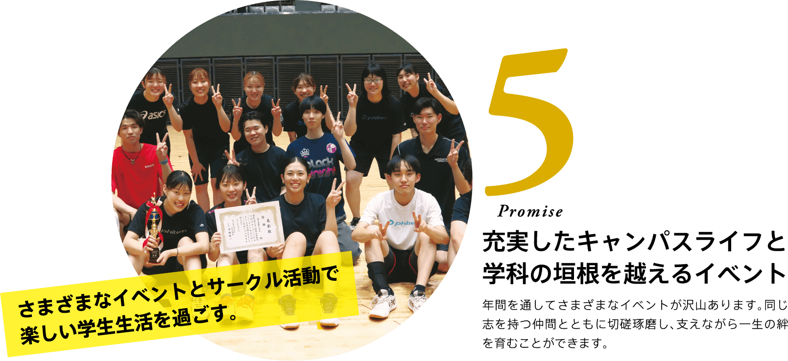 5 Promise さまざまなイベントとサークル活動で楽しい学生生活を過ごす。 充実したキャンパスライフと学科の垣根を越えるイベント 年間を通してさまざまなイベントが沢山あります。同じ志を持つ仲間とともに切磋琢磨し、支えながら一生の絆を育むことができます。