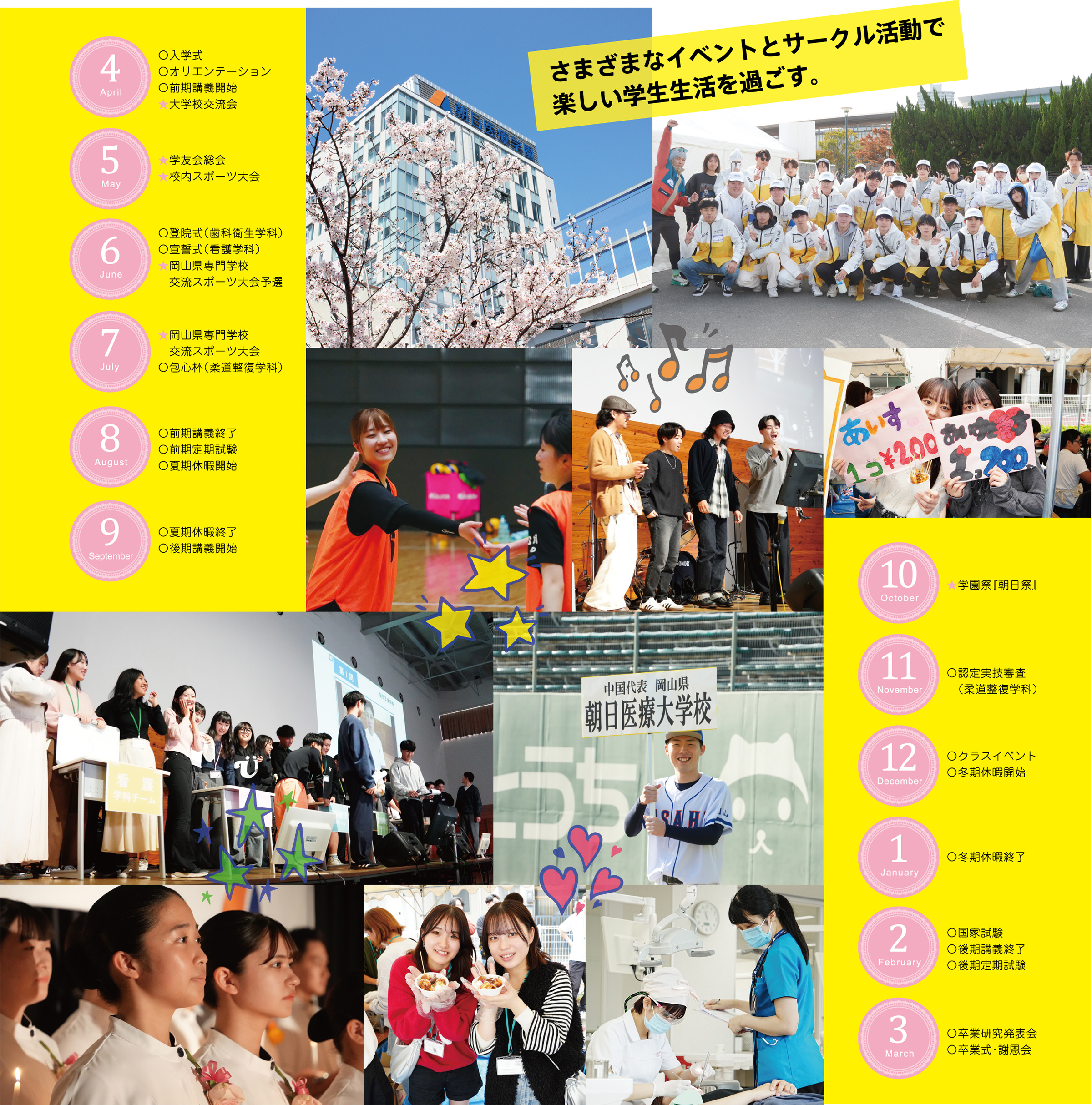 4 April 〇入学式〇オリエンテーション〇前期講義開始★大学校交流会 5 May ★学友会総会★校内スポーツ大会 6 June 〇登院式（歯科衛生学科）〇宣誓式（看護学科）★岡山県専門学校　交流スポーツ大会予選 July ★岡山県専門学校　交流スポーツ大会〇包心杯（柔道整復学科） 8 August 〇前期講義終了〇前期定期試験〇夏期休暇開始 9 September 〇夏期休暇終了〇後期講義開始 10 October ★学園祭『朝日祭』 11 November 〇認定実技審査　（柔道整復学科） 12 December 〇クラスイベント〇冬期休暇開始 1 January 〇冬期休暇終了 2 February 〇国家試験〇後期講義終了〇後期定期試験 3 March 〇卒業研究発表会〇卒業式・謝恩会 さまざまなイベントとサークル活動で楽しい学生生活を過ごす。